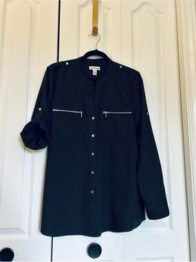 Calvin Klein Black Blouse with Silver Zipper Accents